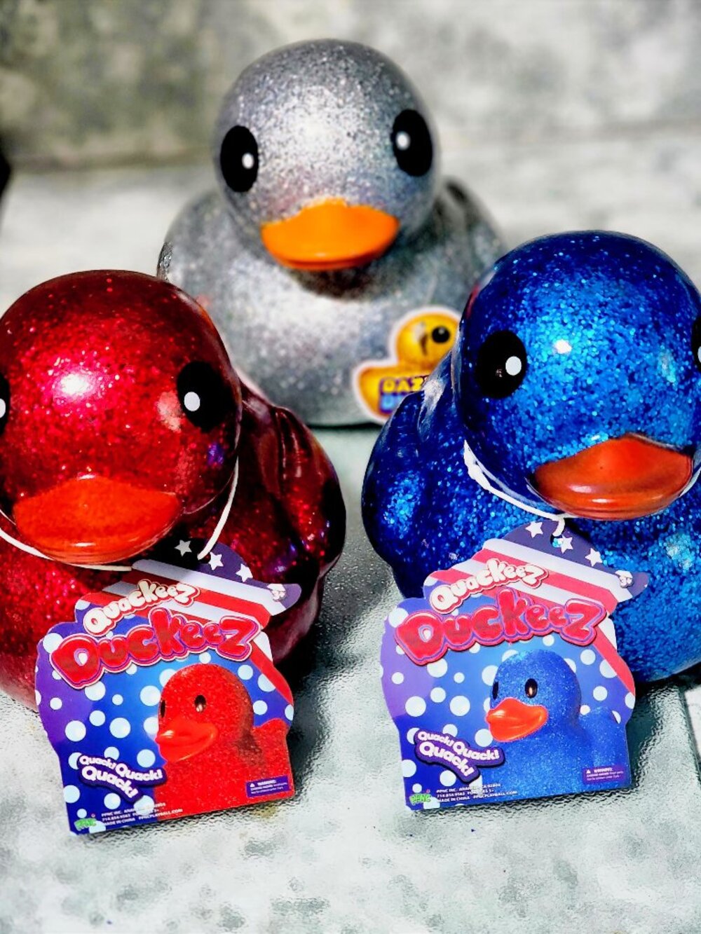 " Set of 3" Red, Silver and Blue Glitter Jumbo Size Rubber Ducks "NWT"